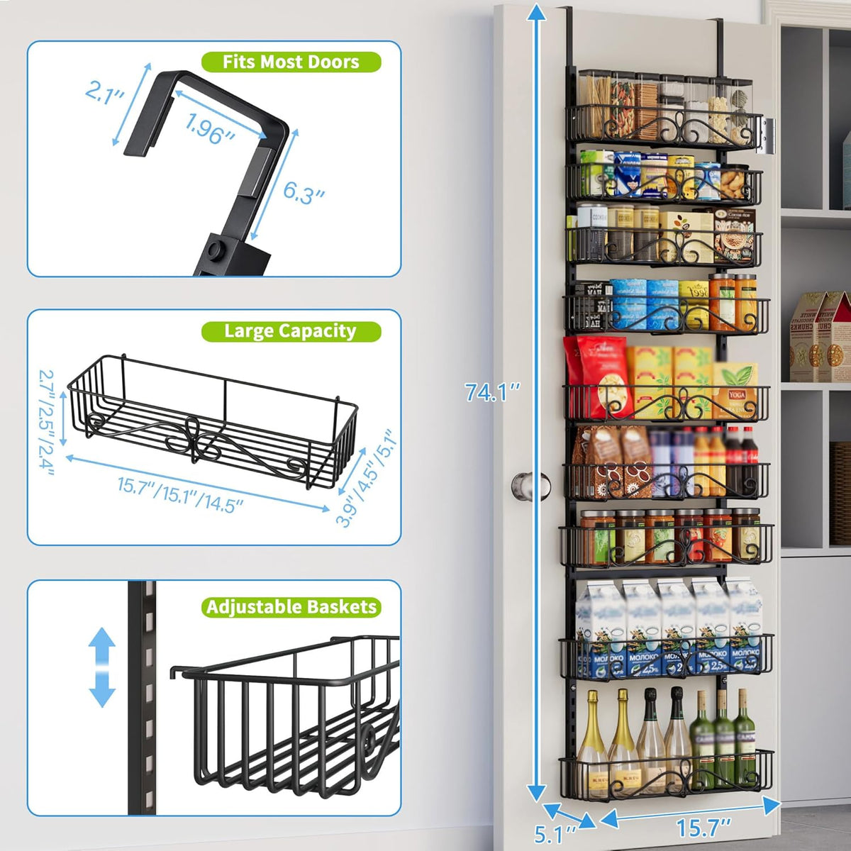 6-Tier Over the Door Pantry Organizer, Pantry Organization And Storage, Hanging Storage Organizer Spice Rack Metal Shelving for Home & Kitchen, Office Laundry Room Bathroom Black