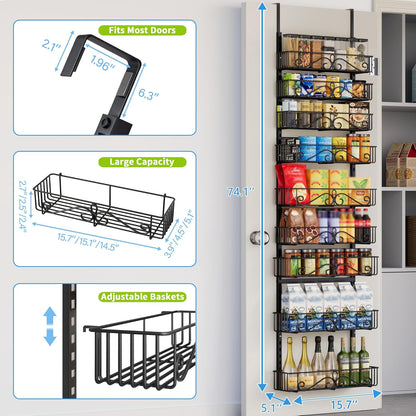 6-Tier Over the Door Pantry Organizer, Pantry Organization And Storage, Hanging Storage Organizer Spice Rack Metal Shelving for Home & Kitchen, Office Laundry Room Bathroom Black