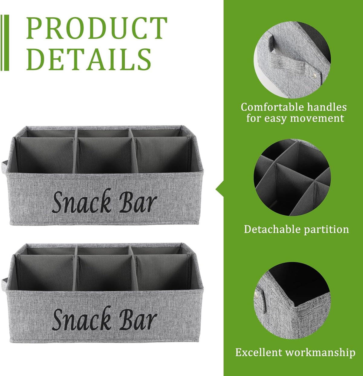 Snack Organizer for Countertop, Trapezoid Fabric Snack Bin Holder with Side Handles, 6 Compartment Snack Basket Container, Lightweight Snack Bar Station Organizer, Kitchen Pantry Storage-Black