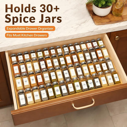Bamboo Spice Drawer Organizer Expandable(Need 2.6" Deep Drawer), 4-Tier Spice Rack Drawer Insert for Kitchen Cabinets(From 12" to 21.9" Wide), Adjustable Seasoning Storage Insert (Jars Not Included)