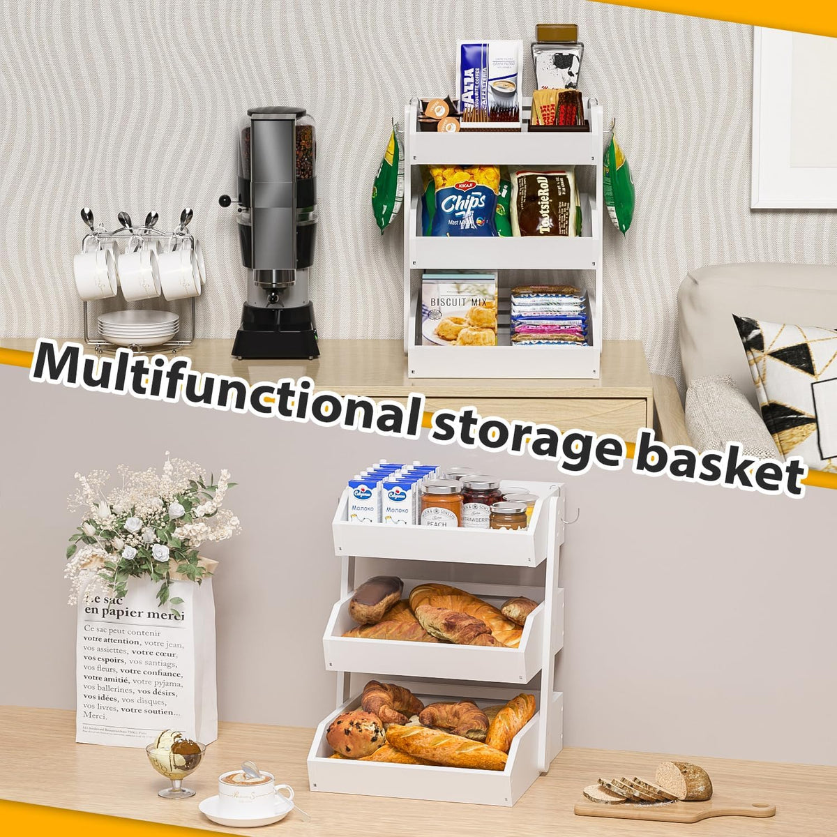 Gmtsl Bamboo Fruit Basket for Kitchen – 3 Tier Fruit Bowl For Kitchen Counter, Large Fruit Holder With 2 Banana Hangers, Idea For Fruit and Vegetable Storage, Bread Basket, Snack Organizer(BLACK)
