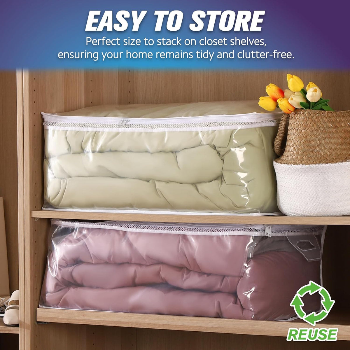 HIBAG 20 Gallon Large Storage Bag for Clothes, Zipper Clothing Storage Bag, Clear Organizer with Reinforced Handles, for Comforters Blankets Pillows Bedding