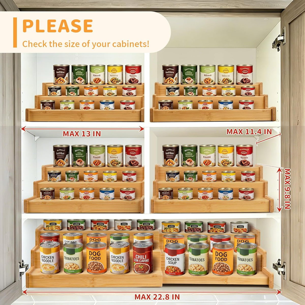 Expandable Bamboo Can Rack Organizer, 3 Tier Canned Food Storage Holder for Pantry, Adjustable Pantry Soda Can Organizer Shelf for Kitchen Spice, Countertop, Cat Food, Cabinet Storage Hold for 24 Cans