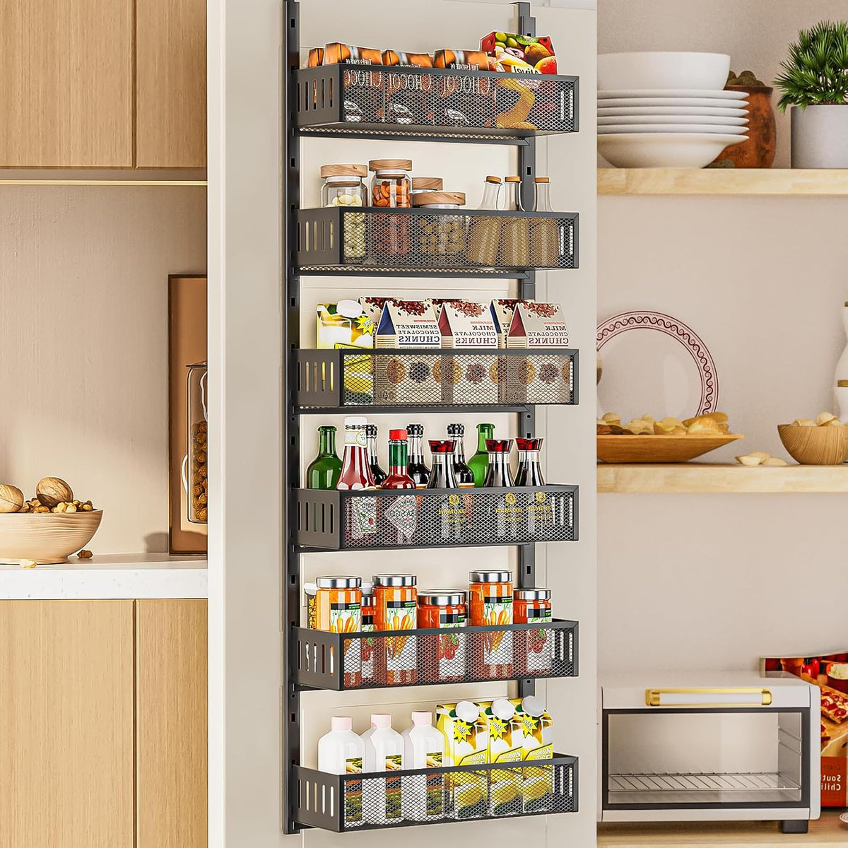 6-Tier Over The Door Pantry Organizer with Mesh Baskets, Adjustable & Stable Hanging Spice Rack for Kitchen, Bathroom, Bedroom, and Baby Essentials Storage