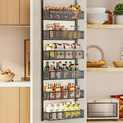 6-Tier Over The Door Pantry Organizer with Mesh Baskets, Adjustable & Stable Hanging Spice Rack for Kitchen, Bathroom, Bedroom, and Baby Essentials Storage