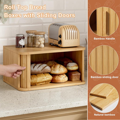 WOWLIVE Bread Box for Kitchen Countertop, Large Roll Top Bread Boxes with Sliding Door, Airtight Bread Storage Container for Loaves, Pastries & Bagels, Bamboo Counter Organizer (Natural, Medium)