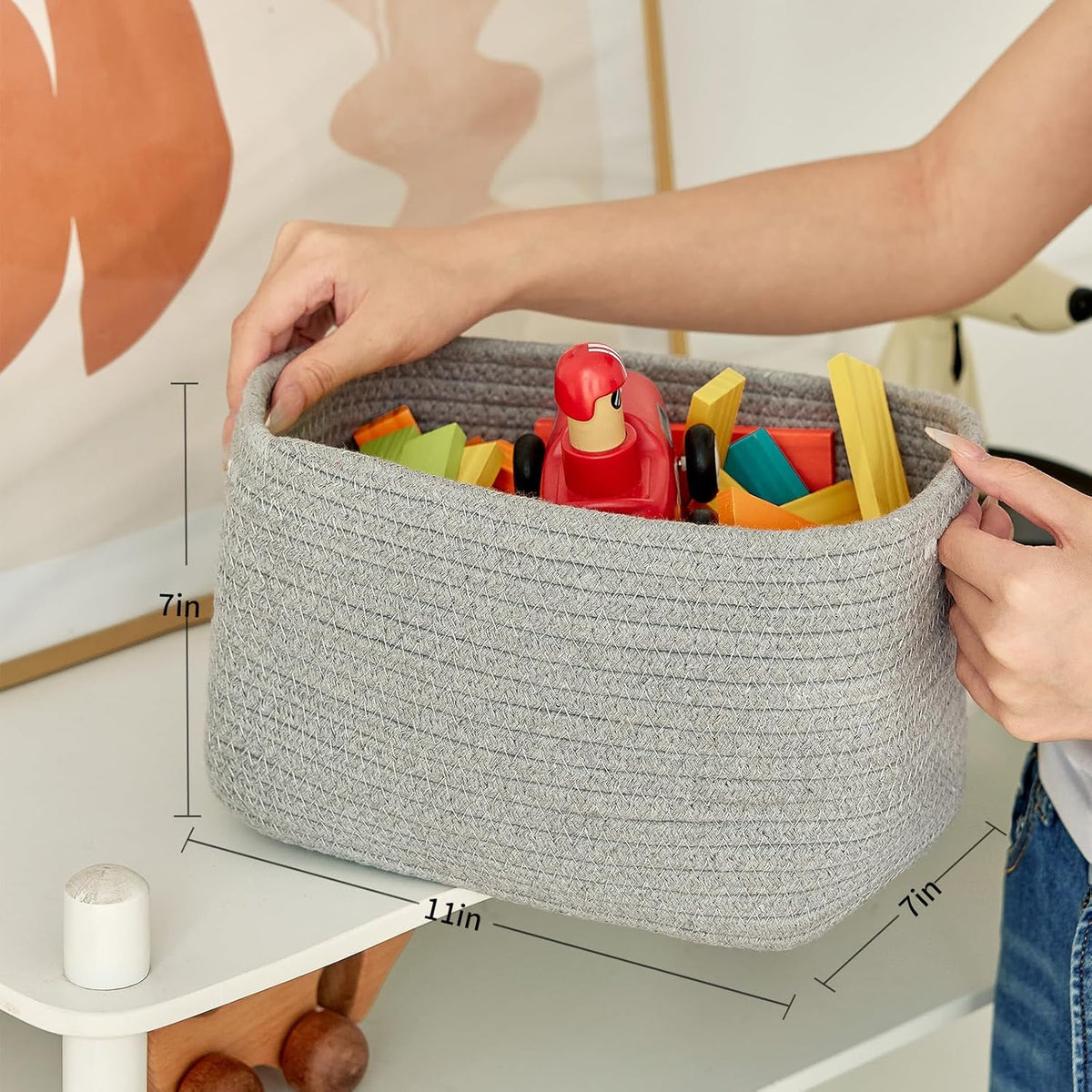 R RUNKA Small Cotton Rope Basket – Storage Bin for Organizing (10.6" x 6.7" x 6.7"), Bathroom Storage Basket for Shelf, Counter & Closet（Beige）