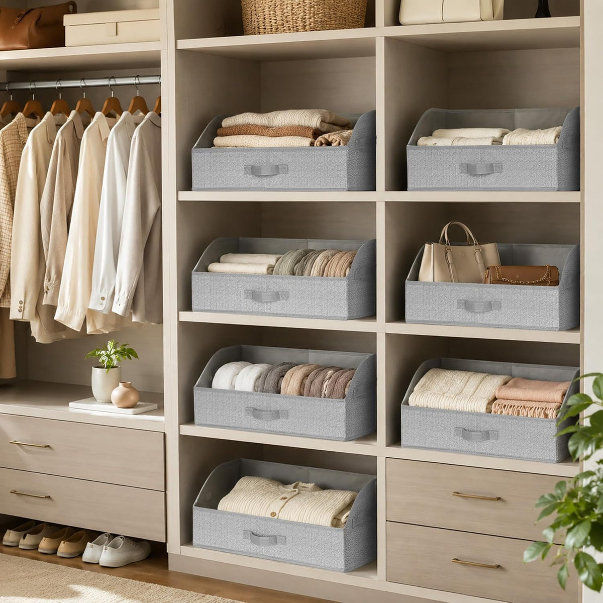 WUIKE Closet Organizers and Storage, Trapezoid Storage Bins, Fabric Closet Bins with Handles, Foldable Storage Baskets for Clothes, Purse, Blanket, Herringbone Gray, Extra Large