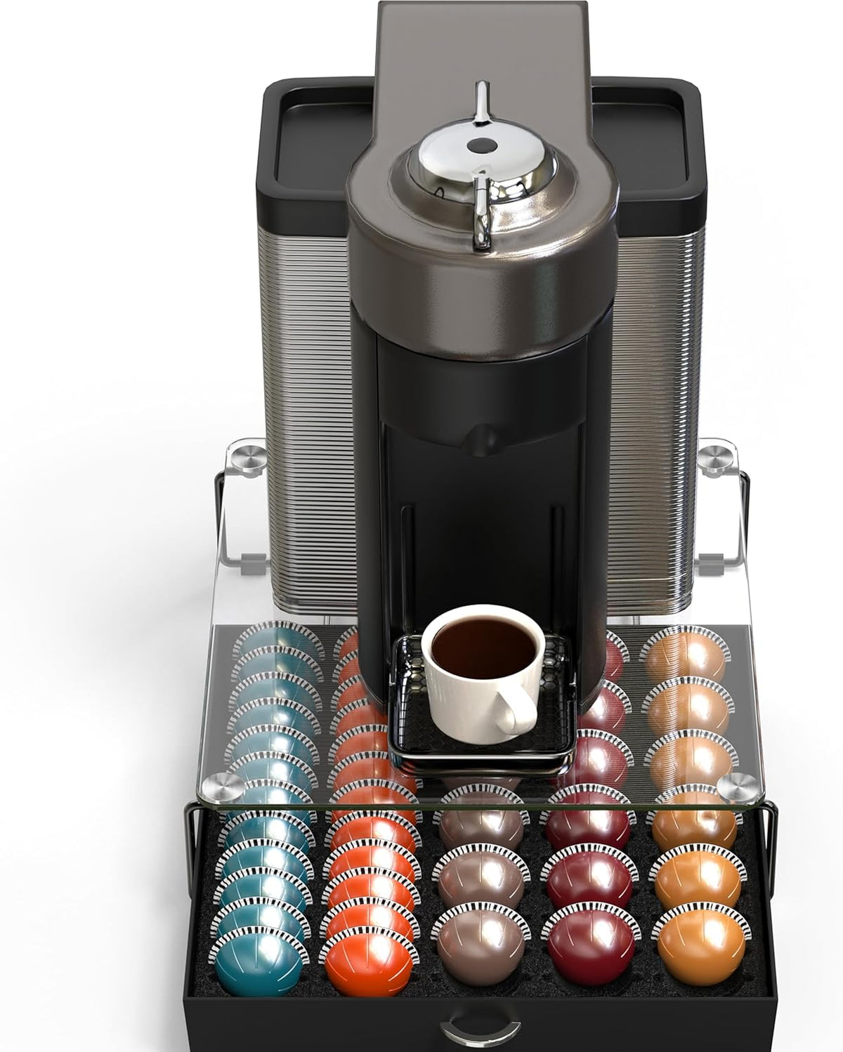 DecoBrothers Crystal Tempered Glass Vertuo Pod Holder Drawer, 24 Large or 48 Small Nespresso Capsule Organizer