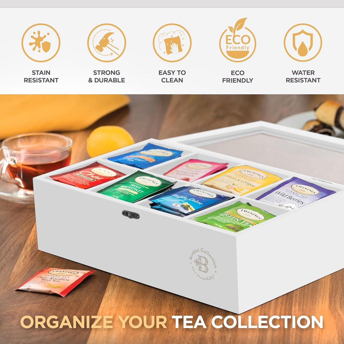 Tea Bag Organizer with Drawer - Bamboo Tea Box Organizer, 8-Compartment Tea Storage Box with Acrylic Lid and Magnetic Closure, Tea Box for Kitchen Counter, Gifts for Mom, Wife, Tea Lovers