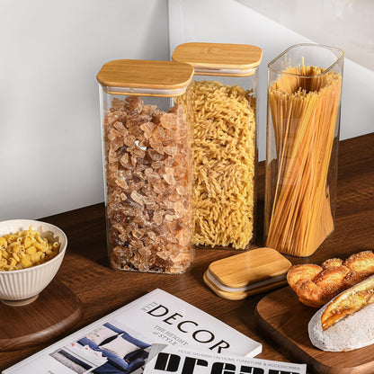 D2scrma 37oz Rectangle Airtight Glass Storage Containers with Bamboo Lids (Set of 6), Square Food Storage Jar, Pantry Organizers for Cereal, Nuts, Snacks and Coffee beans (‎with Black Lable)