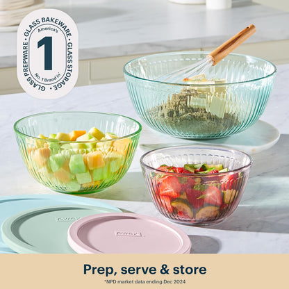 Pyrex Colors Tinted (Full Set) Sculpted Tinted Glass Mixing Bowls With Plastic Lids, Nesting Space Saving Set of Bowls For Prepping and Baking, 1.3QT, 2.3QT & 4.5QT