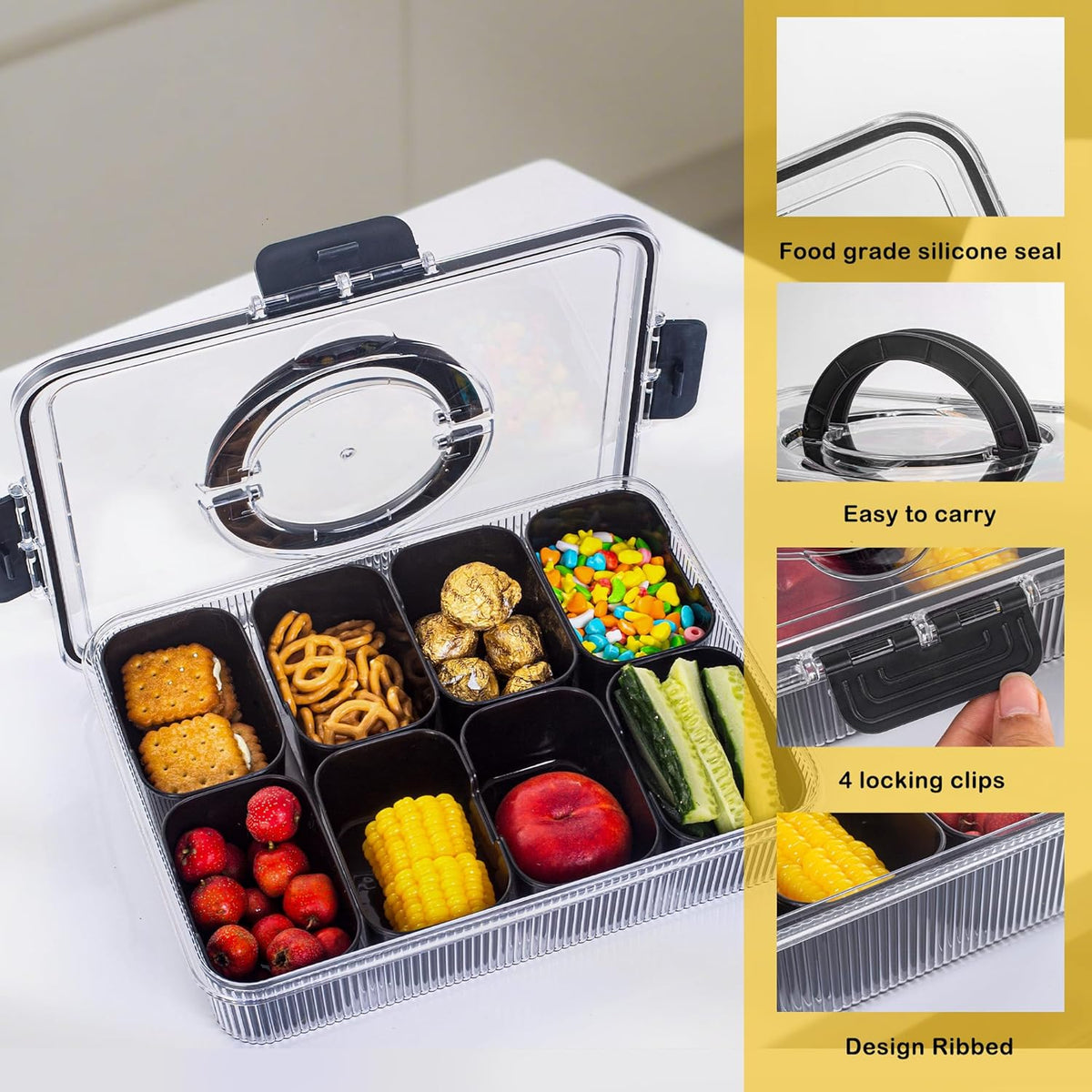 Patent Design Ribbed Snackle Box Container Snack Container Divided Serving Tray with Lid and Handle, 8 Divider Portable Snacklebox for Travel Beach for Charcuterie Veggie Fruit Candy,1 Pack