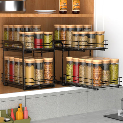 BOIVSHI 2-Tier Spice Rack, Pull Out Cabinet Organizer Spice Racks Height Adjustable Heavy Duty Metal Basket for Inside Cabinets & Pantry Closet(9.5''Wx10.5''Dx9.5''H)