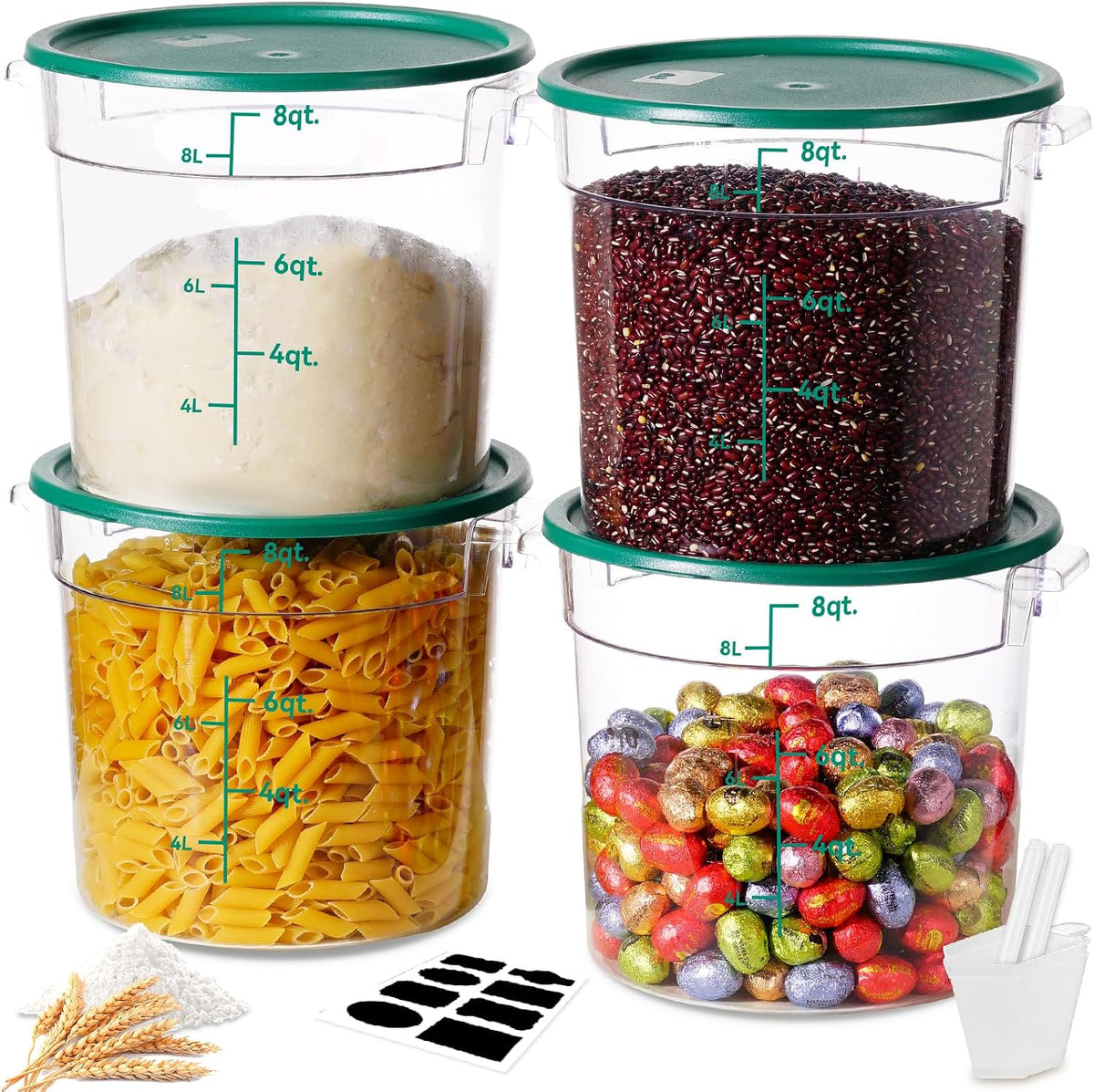 4QT NSF Food Storage Containers: 8 PCS [Food Grade][Hot&Cold Resistant] Commercial Clear Food Storage Containers with Lids for Restaurant Kitchen Proof Dough, Measuring Spoons Included(BPA FREE) - Colors A