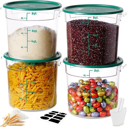 4QT NSF Food Storage Containers: 8 PCS [Food Grade][Hot&Cold Resistant] Commercial Clear Food Storage Containers with Lids for Restaurant Kitchen Proof Dough, Measuring Spoons Included(BPA FREE) - Colors A