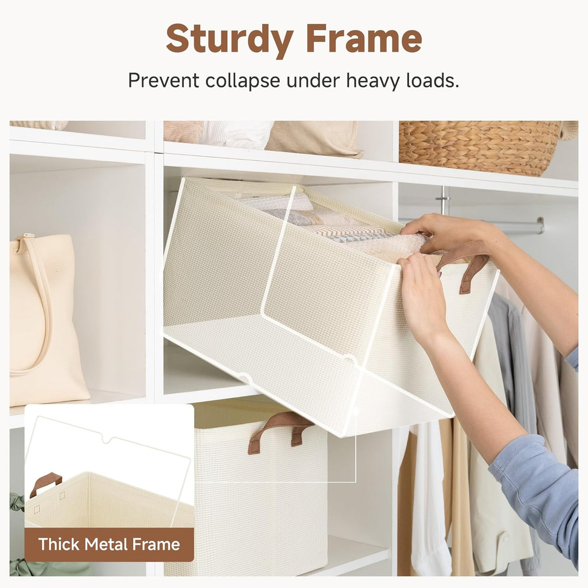 StorageWorks Storage Bins, Shelves Baskets for Organizing, Fabric Closet Organizers with Handles, Metal Frame, Beige-Cotton-linen, 2-Pack