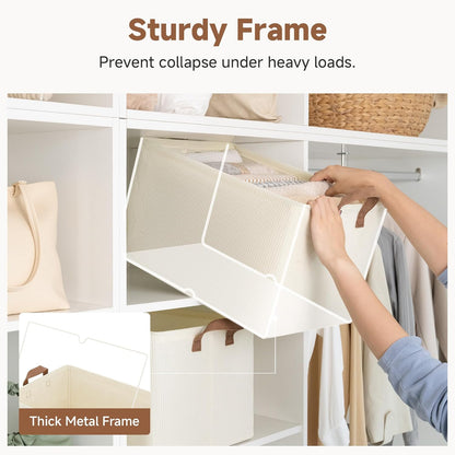 StorageWorks Storage Bins, Shelves Baskets for Organizing, Fabric Closet Organizers with Handles, Metal Frame, Beige-Cotton-linen, 2-Pack