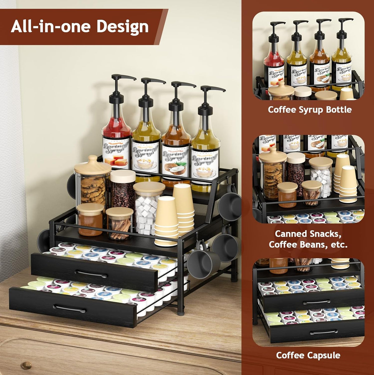 Homsorout Coffee Syrup Rack Organizer - 4-Tier 8 Syrup Wine Bottles Stand with 82 Storage Drawer for K Cups, Coffee Pod Holder for Countertop, Bar Station, Kitchen, Rustic Brown