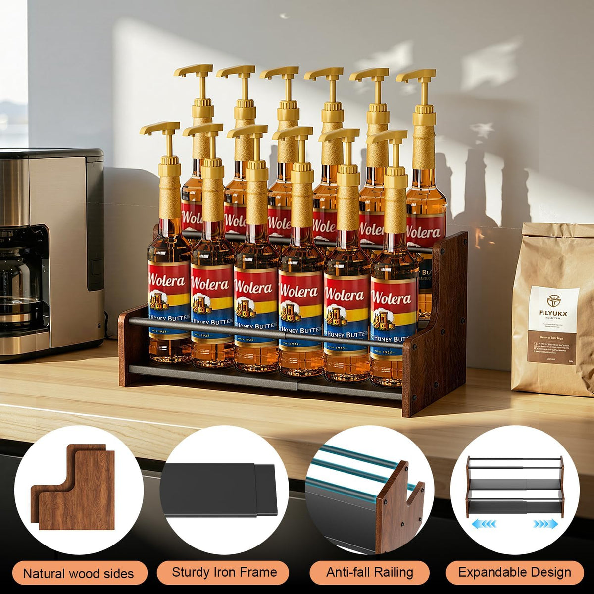 2-Tier Expandable Coffee Syrup Organizer – Countertop Rack Holds 8 to 12 Syrup Bottles, Display Shelf, Customizable Length Coffee Bar Shelf for Liquor, Spice Jars & Wine, Heavy Duty Coffee Bar Storage