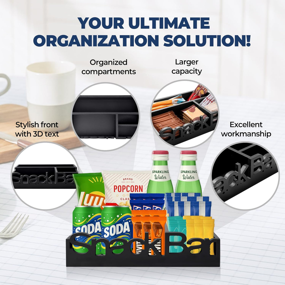 Snack Bar Organizer – Black 5 Compartment Station, Countertop Pantry Organizer for Kitchen, Office Food Holder, Candy Storage Bin, Display Stand, Cabinet Tray & Shelf