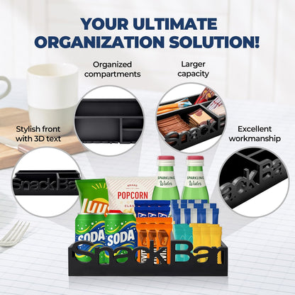 Snack Bar Organizer – Black 5 Compartment Station, Countertop Pantry Organizer for Kitchen, Office Food Holder, Candy Storage Bin, Display Stand, Cabinet Tray & Shelf