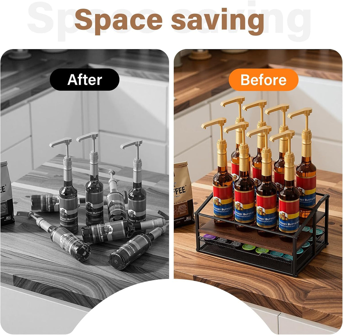 kimilus Coffee Syrup Rack Organizer, 4-Tier 12 Bottle Syrup Rack with 35 K Cup Drawer for Coffee Bar, Countertop Bottle Holder Stand for Dressing for Kitchen Cafe Station
