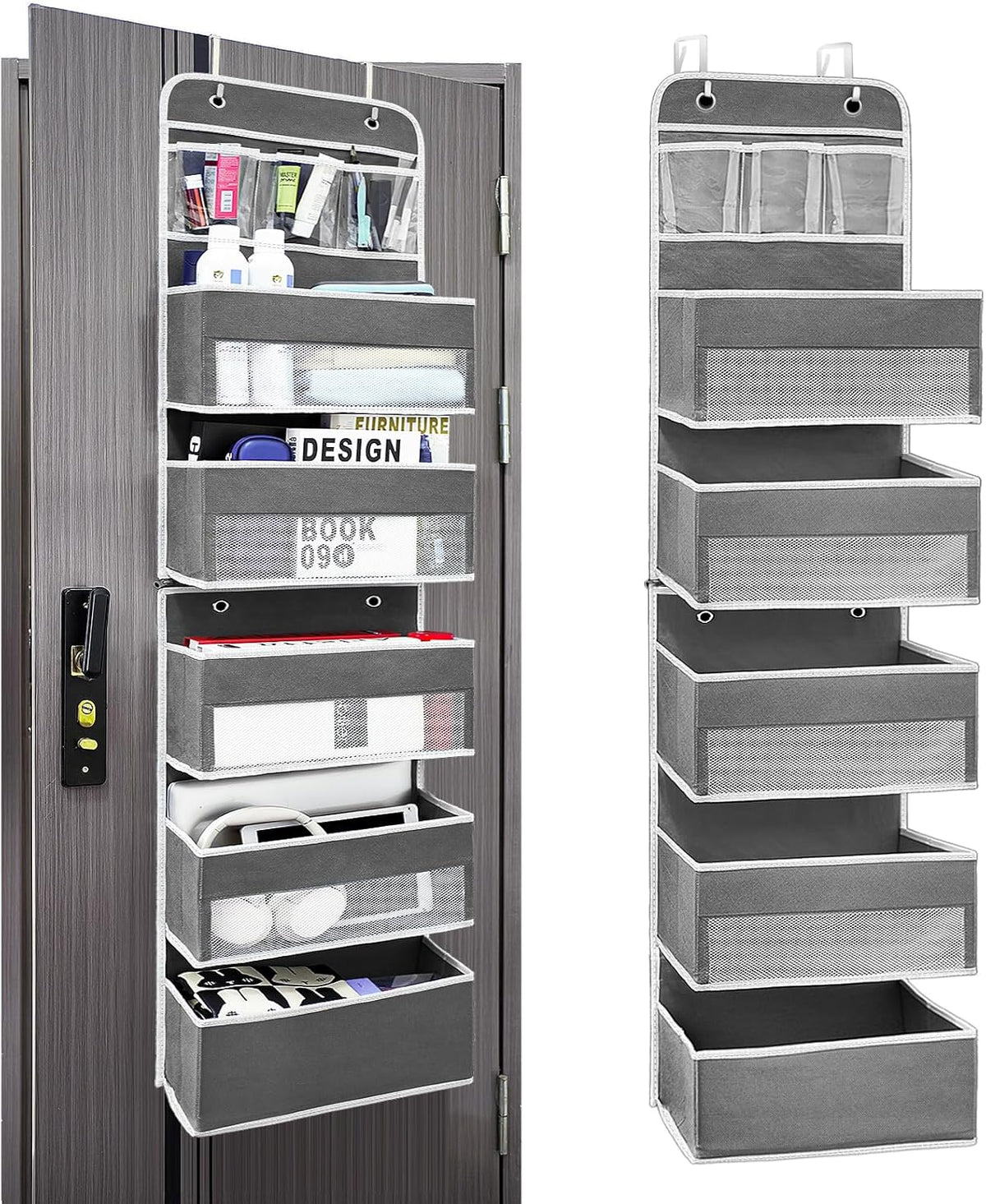 Over The Door Organizer with LifetimeWarranty, 4 Shelves & 4 Side Pockets, Large Storage Rack Holds 44lb, Heavy-Duty Reinforced Mesh Shelf for Bathroom, Closet, Toy Organization, Shoes, Towels, Grey
