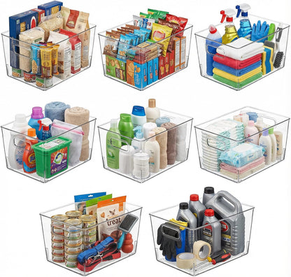 MOONEDGE Set of 4 Clear Plastic Organizer Bins, 2 Large & 2 Small Storage Bins for Pantry, Nestable Space-Saving Containers for Cabinets, Under-Sink, Bathroom, Kitchen & Freezer Organization
