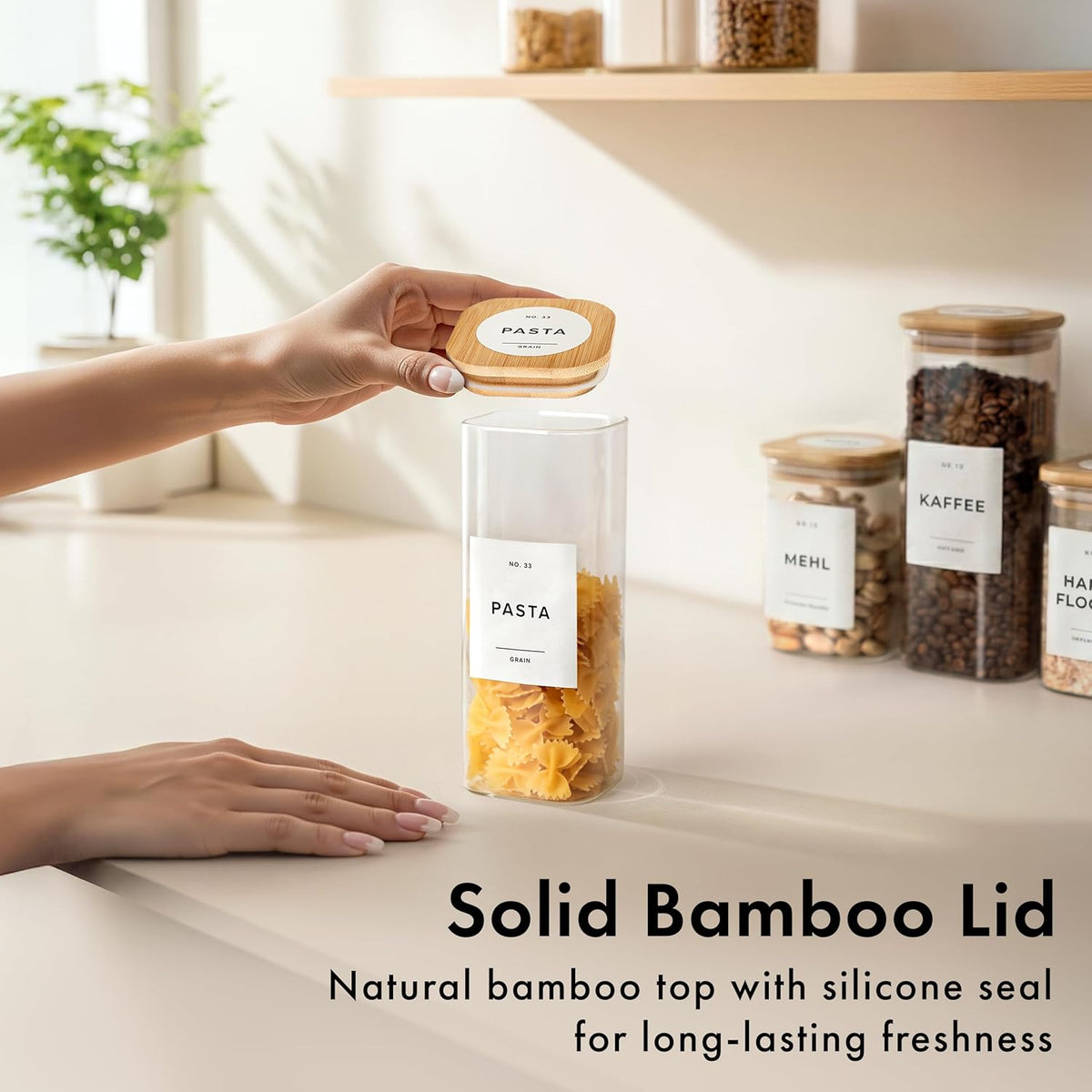 EDELHAUS Square Glass Storage Containers with Bamboo Lids 12-Pack (4x 30 oz, 8x 17 oz) Airtight Glass Storage Jars with Lids for Food, Stackable Glass Kitchen Canisters with 114 Labels for Pantry