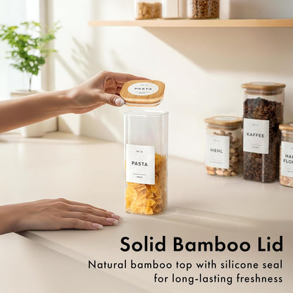 EDELHAUS Square Glass Storage Containers with Bamboo Lids 12-Pack (4x 30 oz, 8x 17 oz) Airtight Glass Storage Jars with Lids for Food, Stackable Glass Kitchen Canisters with 114 Labels for Pantry