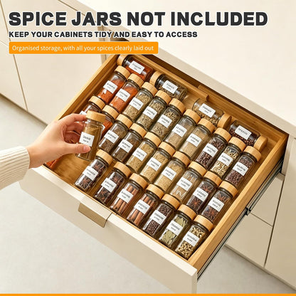 Bamboo Spice Drawer Organizer Expandable(Need 2.6" Deep Drawer), 4-Tier Spice Rack Drawer Insert for Kitchen Cabinets(From 12" to 21.9" Wide), Adjustable Seasoning Storage Insert (Jars Not Included)