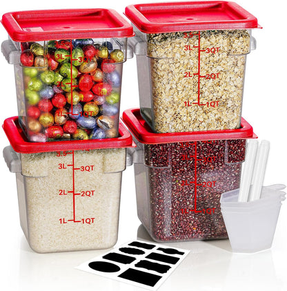 4QT NSF Food Storage Containers: 8 PCS [Food Grade][Hot&Cold Resistant] Commercial Clear Food Storage Containers with Lids for Restaurant Kitchen Proof Dough, Measuring Spoons Included(BPA FREE) - Colors A