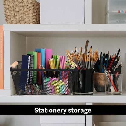 2 Pack 12" Wide Metal Mesh Baskets with Bamboo Handles for Pantry Organization | Wire Storage Bins for Kitchen, Cabinet, Fruit & Snacks | Decorative Farmhouse Style Organizer