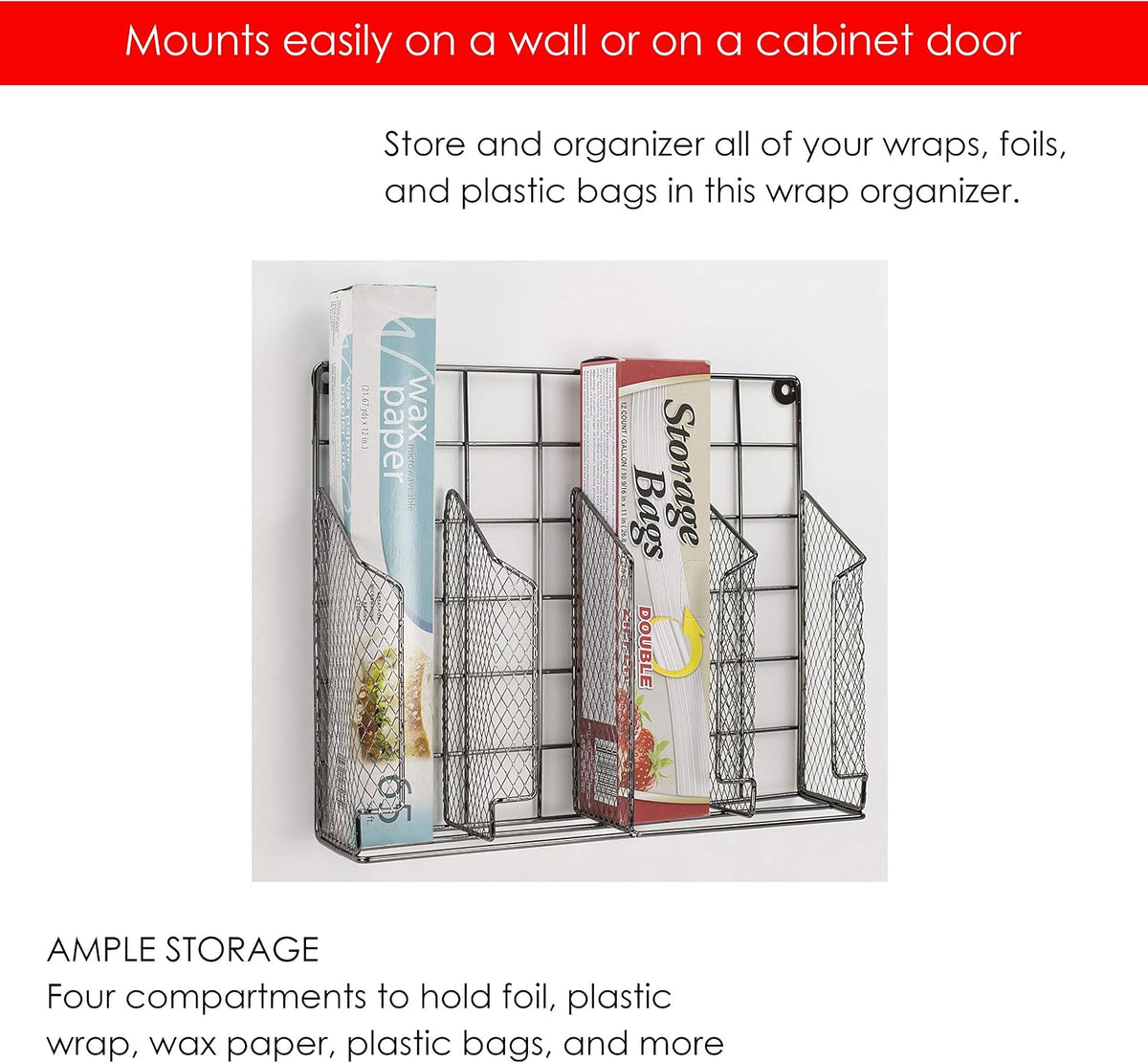 Home Basics Organizer Rust Resistant, Perfect for Food Storage, Silver Foil, Wax Paper, Sandwich Bags, Plastic Wrap-Mounts,White