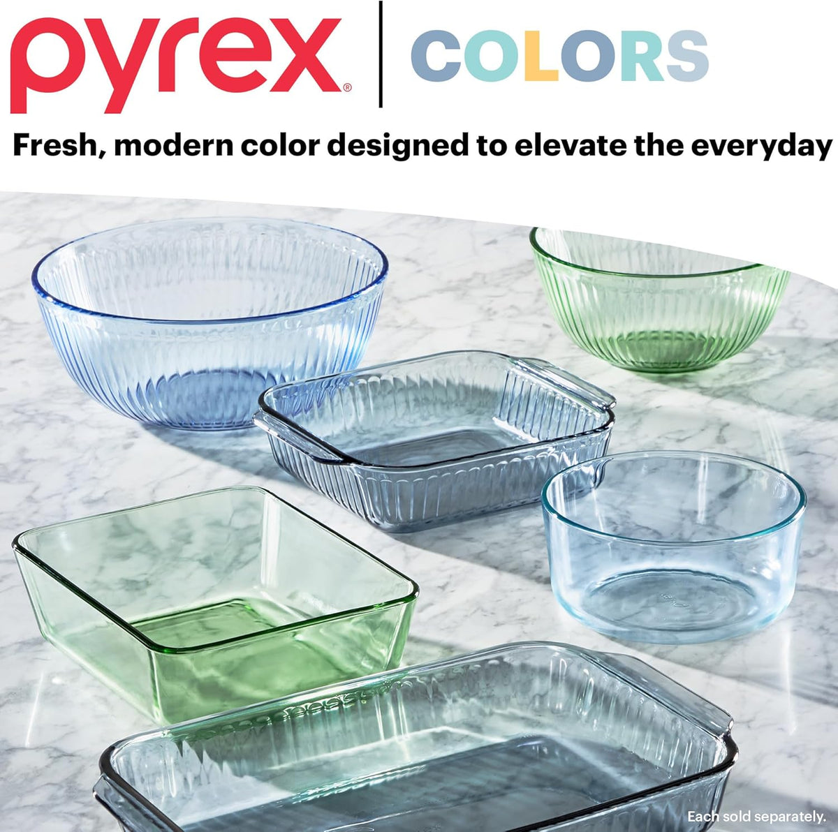 Pyrex Colors Tinted (Full Set) Sculpted Tinted Glass Mixing Bowls With Plastic Lids, Nesting Space Saving Set of Bowls For Prepping and Baking, 1.3QT, 2.3QT & 4.5QT