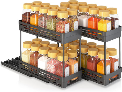 Pull Out Spice Rack Organizer for Cabinet, Slide Out Spice Racks Organizer, Spice Cabinet Organizers, Cabinet Size Need:12'' Highx11'' Deepx5'' Wide,Hold 10 Spice Jar Each Tier-2Tier, Black
