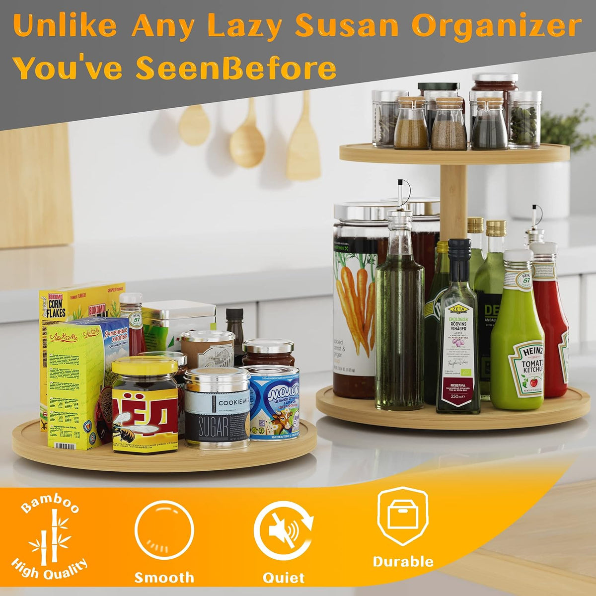 Lazy Susan Organizer Homerays 12 Inch Non-Skid Bamboo Lazy Susan for Kitchen Rotating Spice Rack with Handles, Wood Turntable for Kitchen Cabinet,Countertop (Bamboo, Medium)