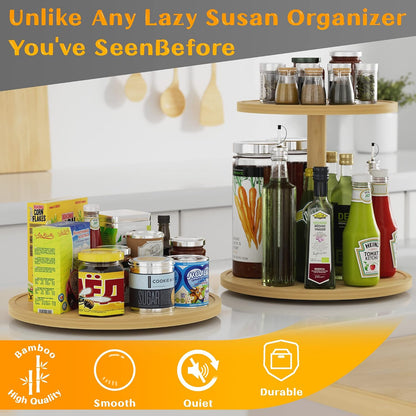 Lazy Susan Organizer Homerays 12 Inch Non-Skid Bamboo Lazy Susan for Kitchen Rotating Spice Rack with Handles, Wood Turntable for Kitchen Cabinet,Countertop (Bamboo, Medium)