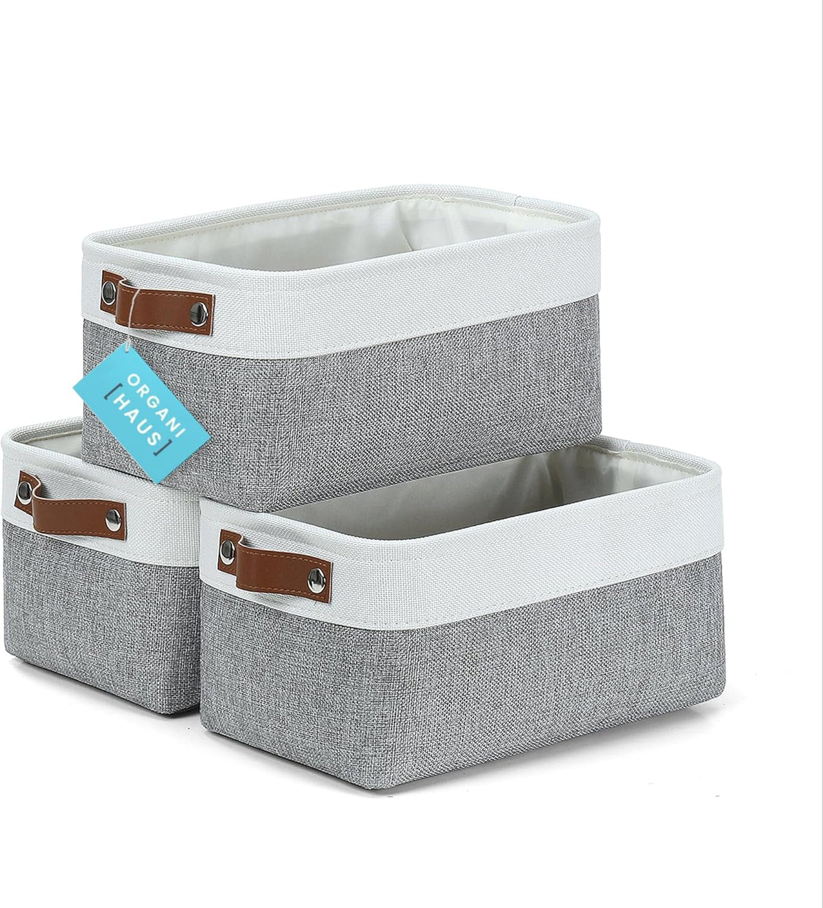 OrganiHaus 12x8in Canvas Storage Baskets 3 Pack | SMALL Fabric Bins for Shelves | Pantry & Bathroom Organizer | Beige/Off-White