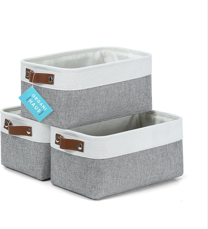 OrganiHaus 12x8in Canvas Storage Baskets 3 Pack | SMALL Fabric Bins for Shelves | Pantry & Bathroom Organizer | Beige/Off-White