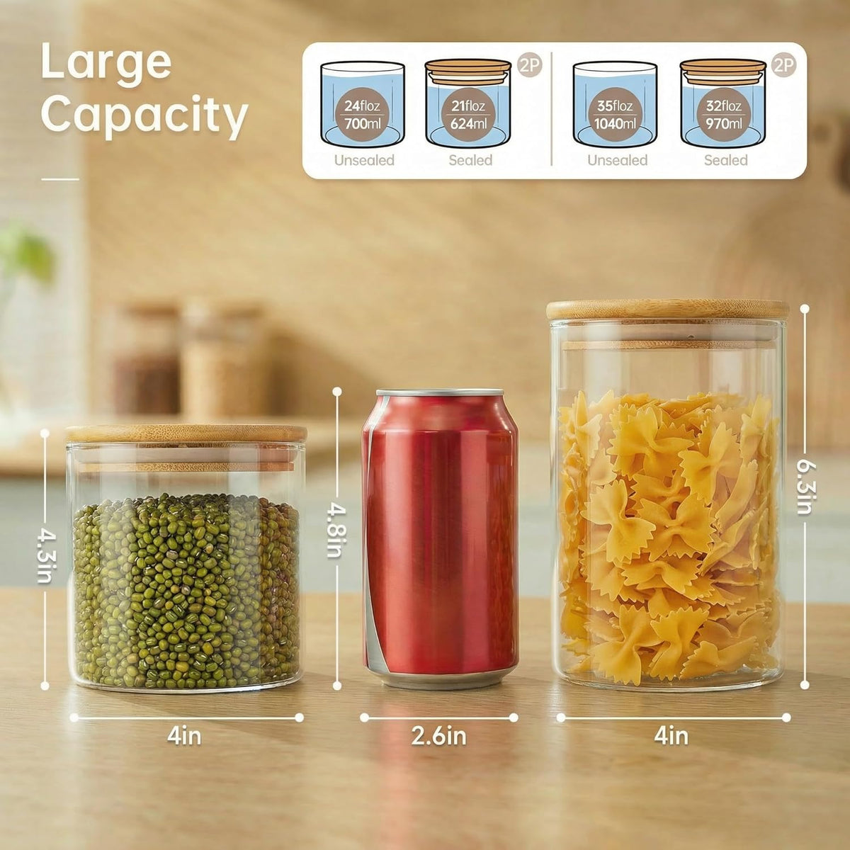 32oz - Glass Jars with Bamboo Lids, Glass Pantry Storage Containers with Airtight Lids, Round Air Tigh Food Storage Canisters for Cereal, Pasta, Flour, Sugar, Rice, Best for Kitchen Organizer