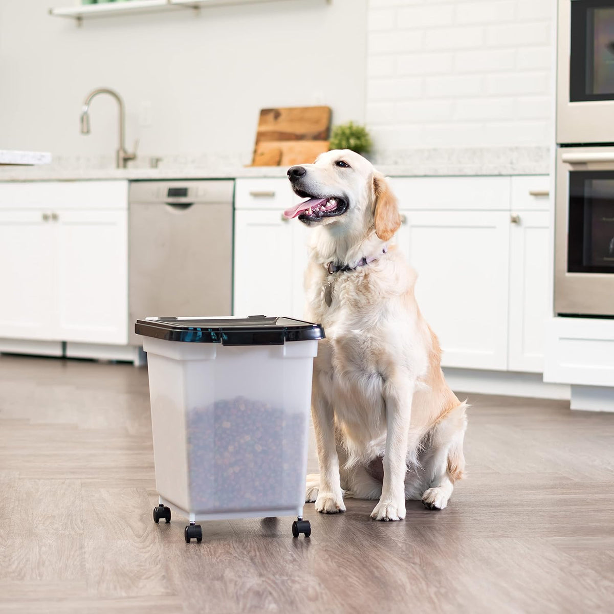 IRIS USA Airtight Dog Food Storage Container, WeatherPro, Up to 50 lbs, Removable Wheels, for Dog Cat Bird and Other Pet Food Storage Bin, Keep Fresh, Translucent Body, Made in USA, Clear/Gray
