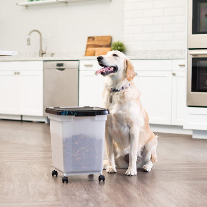 IRIS USA Airtight Dog Food Storage Container, WeatherPro, Up to 50 lbs, Removable Wheels, for Dog Cat Bird and Other Pet Food Storage Bin, Keep Fresh, Translucent Body, Made in USA, Clear/Gray