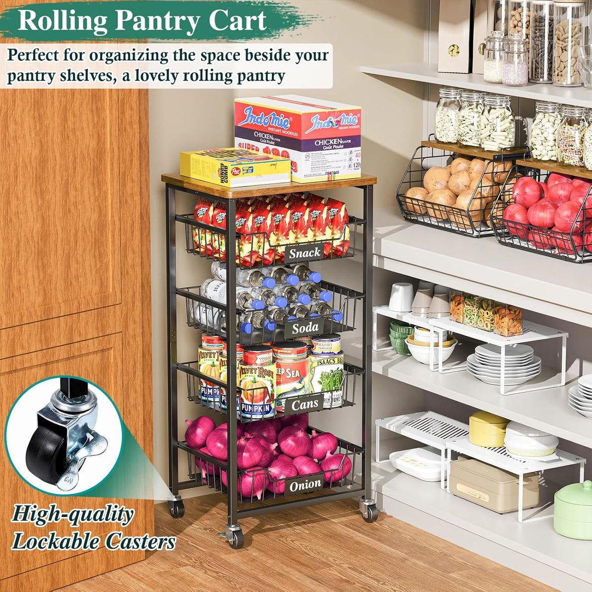 OKZEST 4-Tier Kitchen Storage Cart on Wheels – Mobile Fruit Basket Stand with Drawers & Wooden Top, Small Rolling Pantry Shelf for Potatoes, Onions, Bottled Drinks, Cans, Snacks – Includes 3 PE Liners