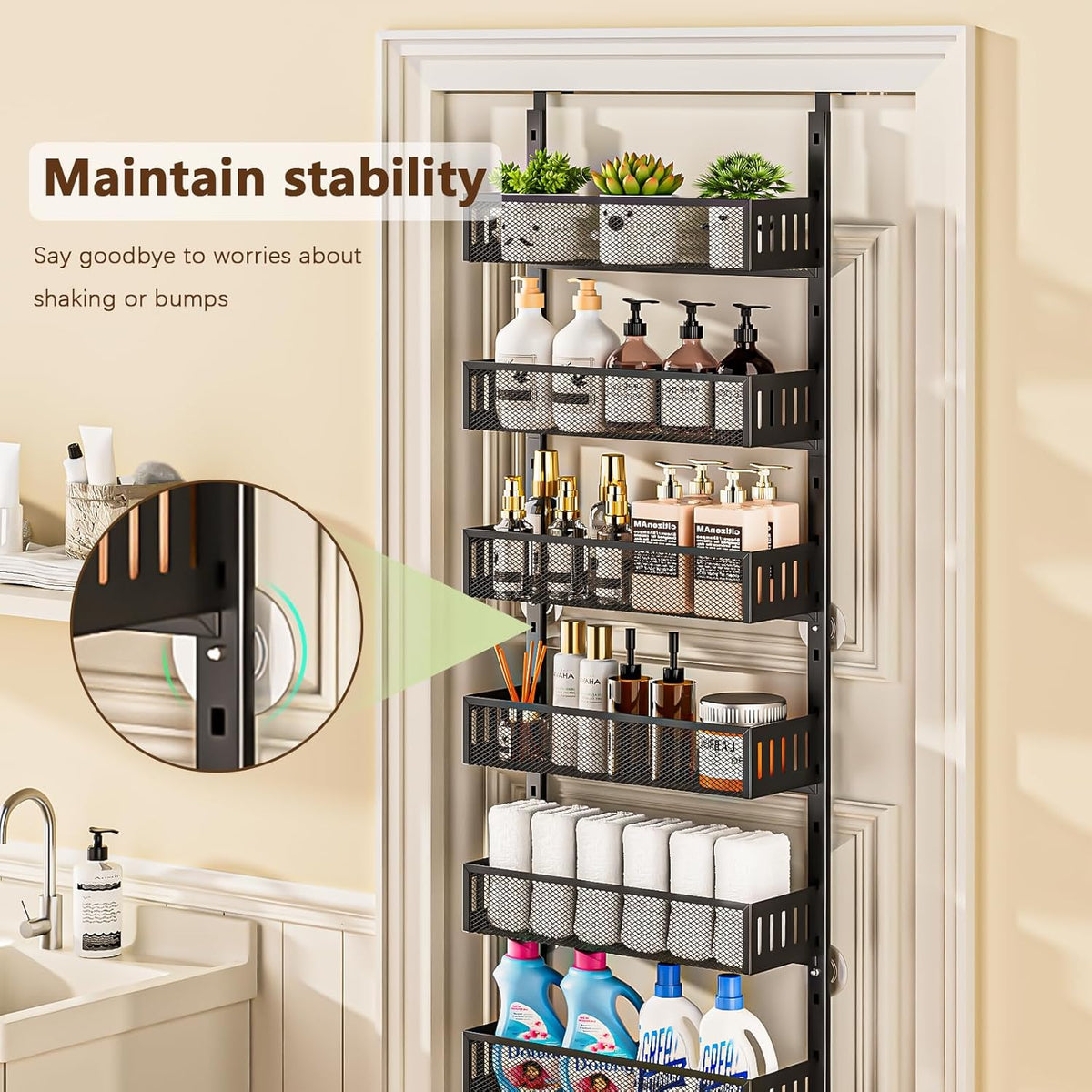 6-Tier Over The Door Pantry Organizer with Mesh Baskets, Adjustable & Stable Hanging Spice Rack for Kitchen, Bathroom, Bedroom, and Baby Essentials Storage
