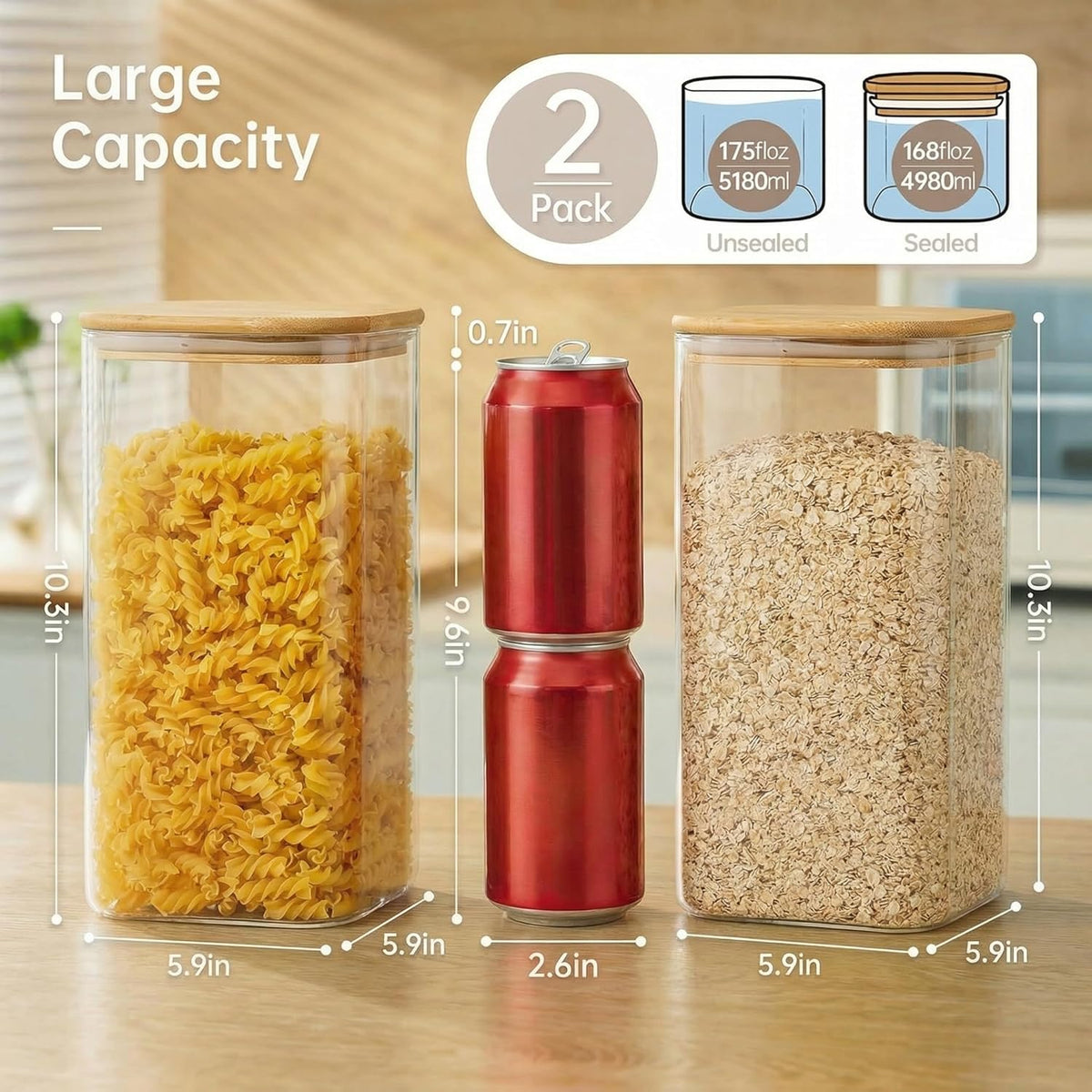Extra Large Square Glass Flour & Sugar Storage Containers with Airtight Lids, 168 floz - Glass Jars with Bamboo Lids for Pantry, Air tight Food Storage Containers for Cereal, Pasta, Rice