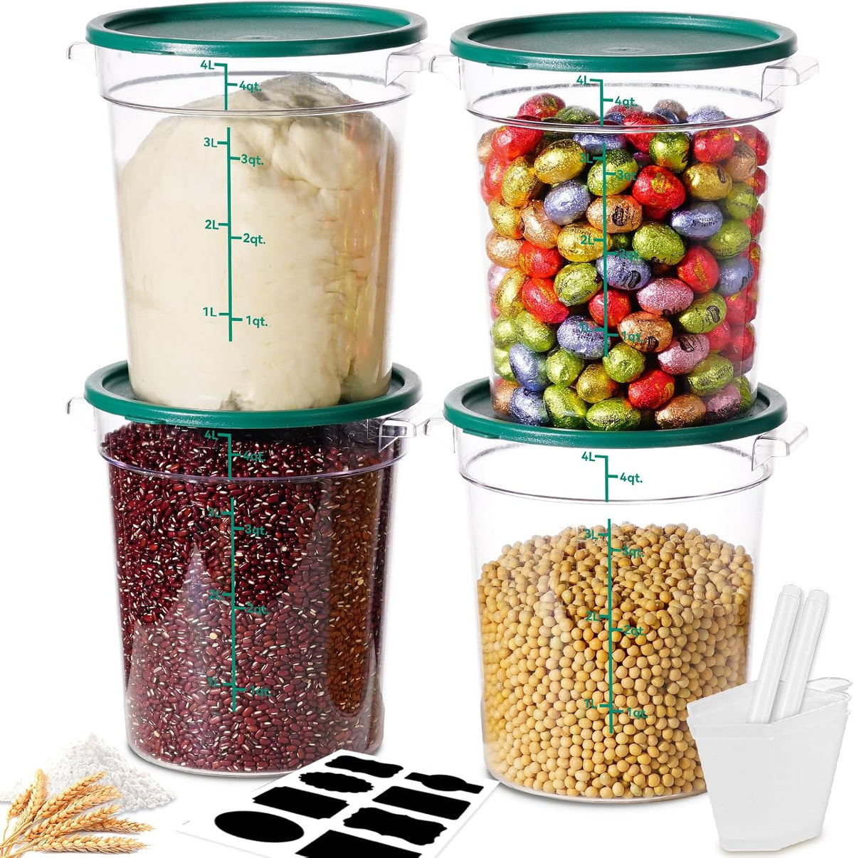 4QT NSF Food Storage Containers: 8 PCS [Food Grade][Hot&Cold Resistant] Commercial Clear Food Storage Containers with Lids for Restaurant Kitchen Proof Dough, Measuring Spoons Included(BPA FREE) - Colors B