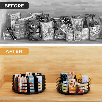 Snack Organizer - Versatile Snack Storage 2 Tier Lazy Susan with Convenient Grab-and-Go Design, Wood and Metal Snack Holder for Home, Office, Breakroom, 12.13" L x 12.13" W x 12.56" H