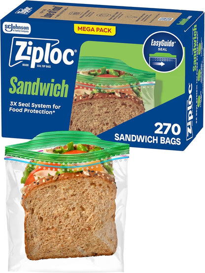 Ziploc Sandwich and Snack Bags with EasyGuide Texture, Plastic Storage Bags with Grip 'n Seal Technology, 270 Bags Total